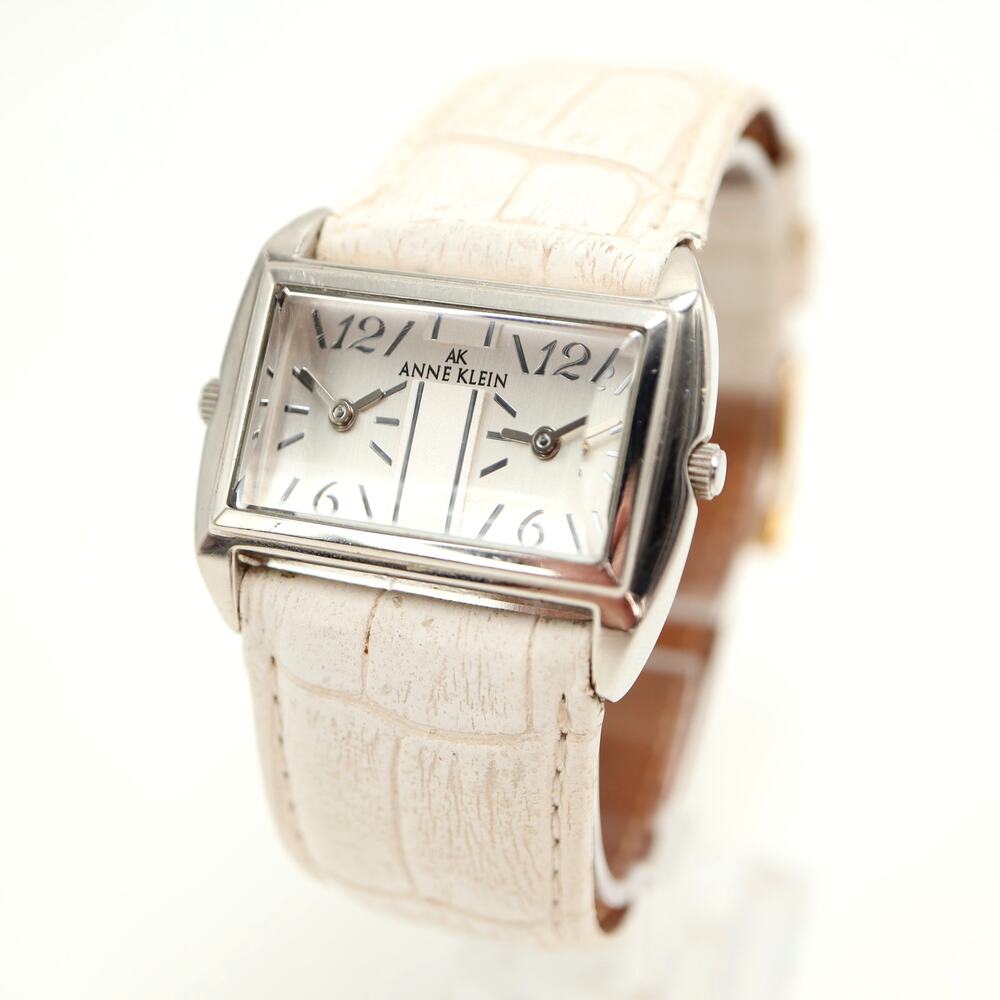 Anne Klein Silver Tone 34mm Dual Time Womens Watch White Two Dial w New Battery